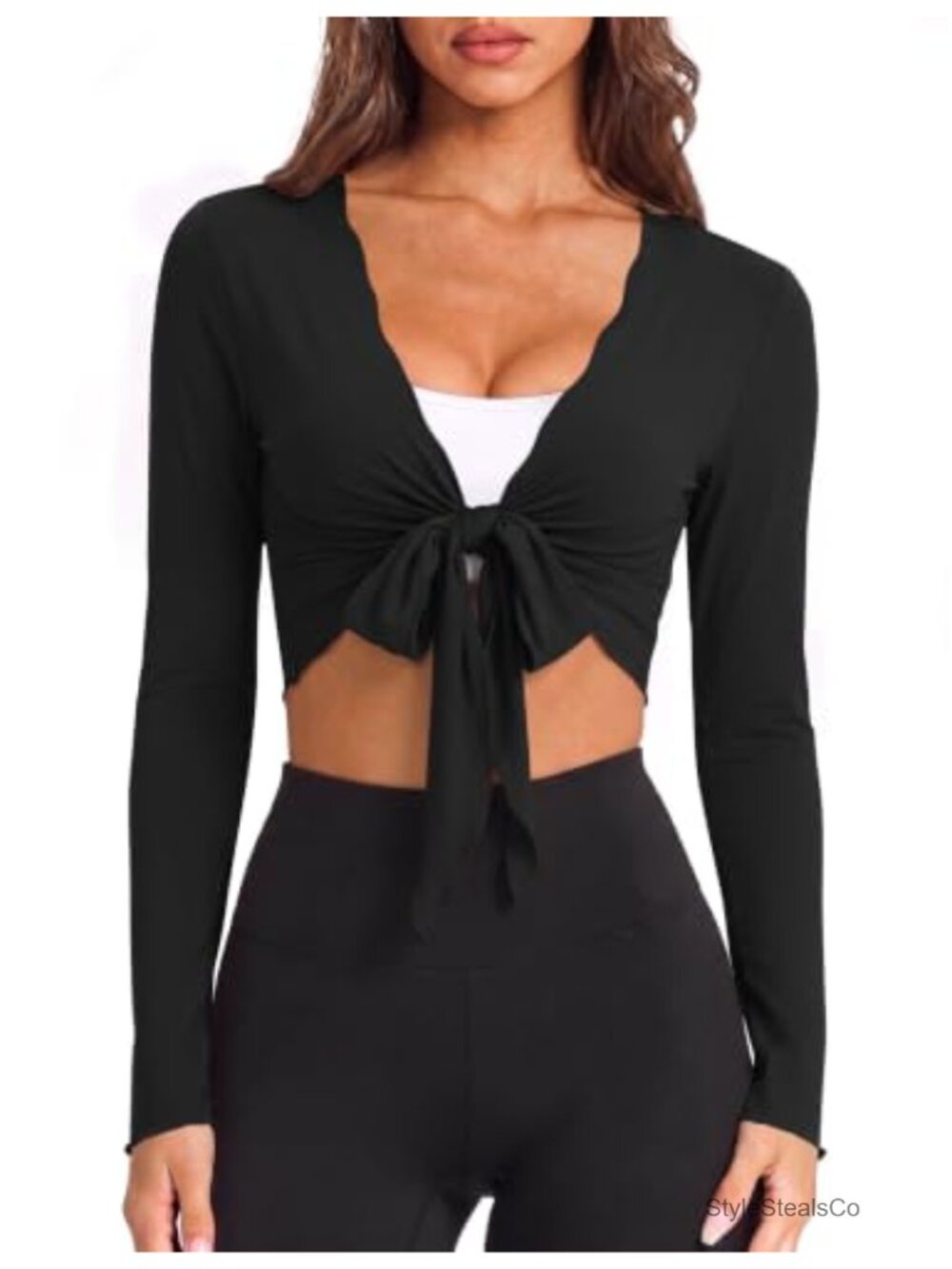 Womens Ballet Wrap Top Self Tie V Neck Long Sleeve Dance Workout Crop